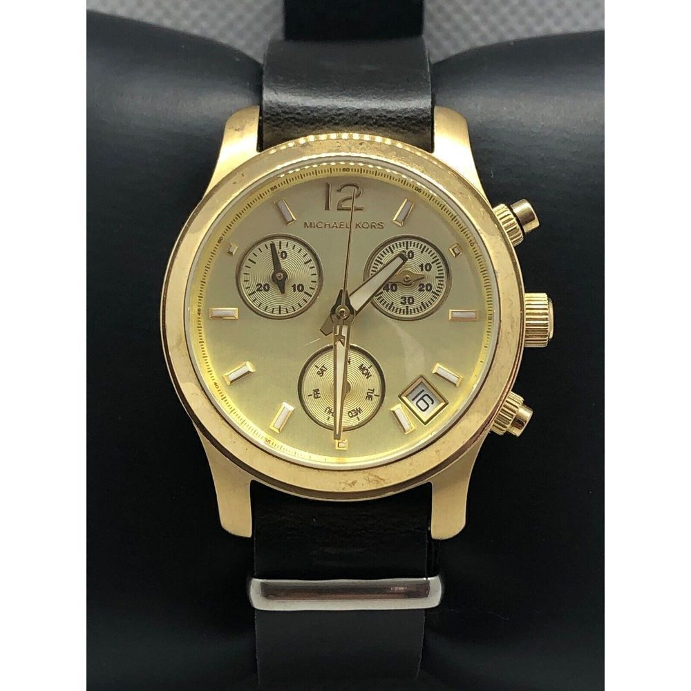 Michael Kors MK5384 Unisex Black Leather Analog Gold Dial Genuine Watch BP38